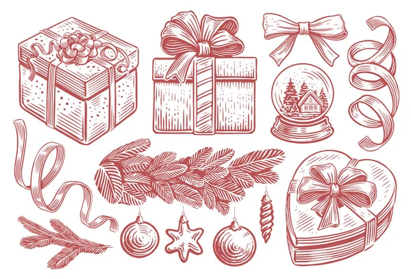 Handgetekende Retro Items Voor Kerstvakantie Handgetekende Vintage Schets Vector Illustratie — Stockvector
