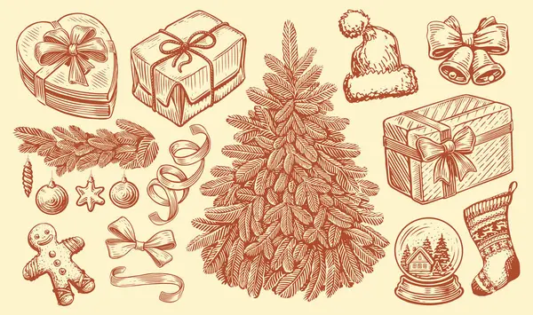 Conceito Natal Objetos Retro Desenhados Mão Para Decoração Férias Desenho — Vetor de Stock