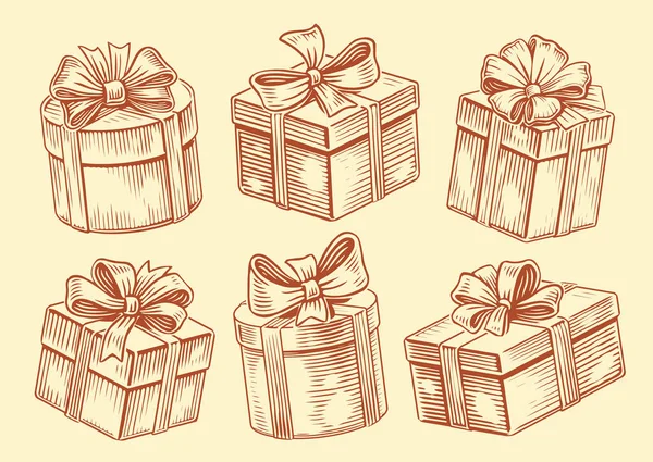 Set Christmas Gifts Holiday Gift Box Ribbon Bow Vintage Sketch — Stock Vector