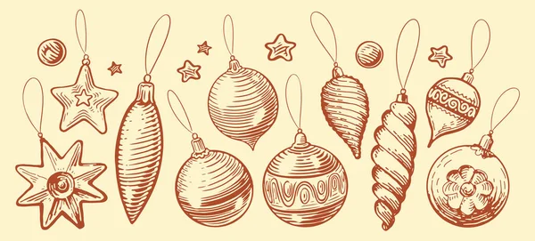Conjunto Bolas Bolas Navidad Dibujadas Mano Decoración Navideña Ilustración Vectorial — Vector de stock