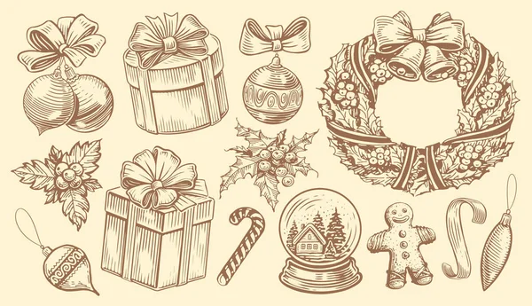 Hand Drawn Retro Objects Holiday Decoration Christmas Concept Vintage Sketch — Stock Vector