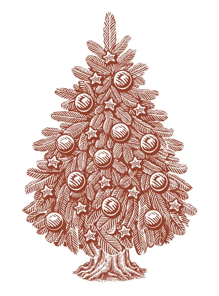 Christmas Holiday Symbol Hand Drawn Fir Tree Decorated Lights Balls — Stock Vector