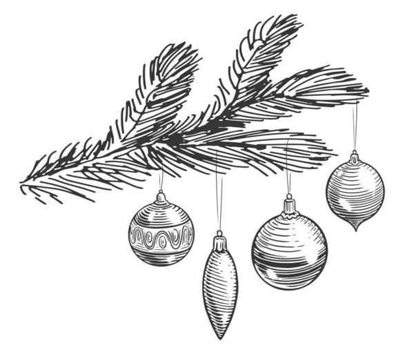 Vrolijk Kerstfeest Gelukkig Nieuwjaar Decoratie Ballen Dennenboom Tak Handgetekende Illustratie — Stockfoto