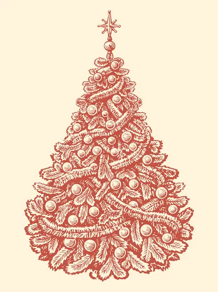 Handgetekende Dennenboom Versierd Met Klittenband Ballen Vintage Stijl Vrolijk Kerstfeest — Stockvector