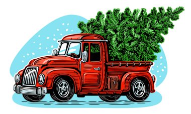 Yeşil çam ağacıyla Noel kırmızı retro kamyonu. Mutlu tatiller vektör illüstrasyonu