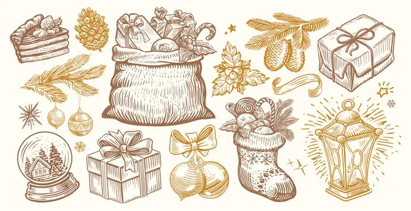 Χριστούγεννα Και Πρωτοχρονιά Έννοια Συλλογή Από Ρετρό Αντικείμενα Ζωγραφισμένα Στο — Διανυσματικό Αρχείο