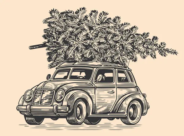 Hand Drawn Christmas Retro Car Pine Tree Sketch Style Happy — Stock Vector