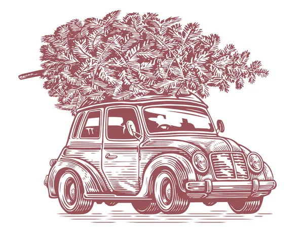 Retro Car Christmas Tree Top Vintage Sketch Vector Illustration — Stock Vector