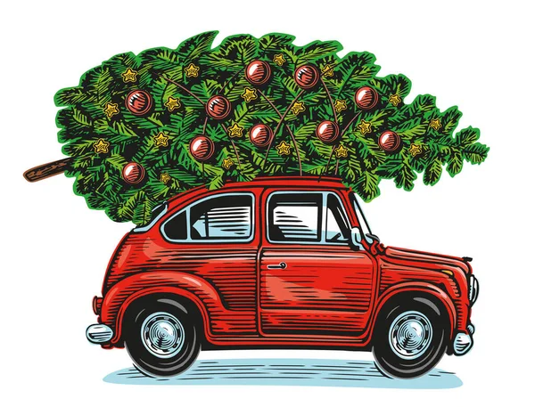 Retro Car Fir Tree Decorated Christmas Decorations Happy Holidays Vector — Stock Vector