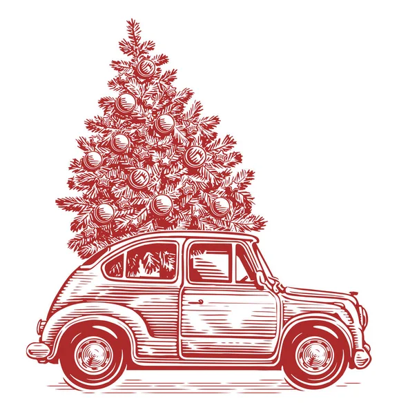 Hand Drawn Retro Car Fir Tree Decorations Sketchy Vintage Style — Stock Vector