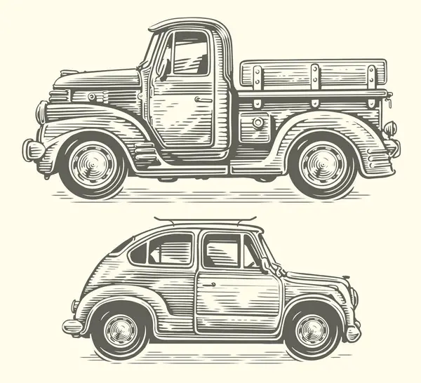 Hand Drawn Retro Truck Car Sketch Style Vintage Transport Vector — Stock Vector