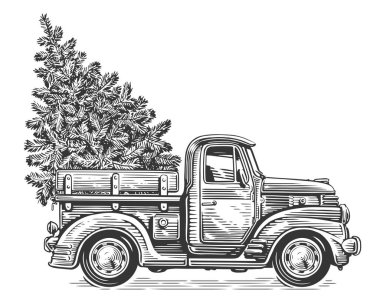 Eskiz tarzında çam ağacı olan eski bir Noel kamyonu. El çizimi vintage vektör illüstrasyonu