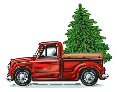 Christmas red retro pick-up truck with green pine tree. Happy holidays, vector illustration clipart