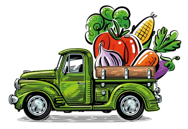 Taze Sebzelerle Dolu Retro Kamyonu Çiftlik Organik Gıdalar Vektör Illüstrasyonu — Stok Vektör