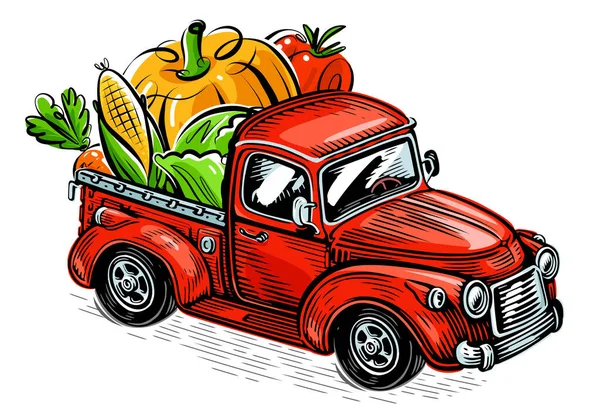 Farm Truck Loaded Fresh Vegetables Organic Food Vector Illustration — Stock Vector
