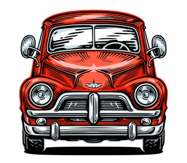 El çizimi klasik retro kırmızı araba, ön manzara. Taşıma vektörü illüstrasyonu