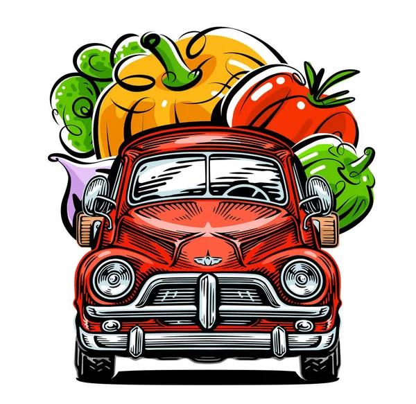 Farm Organic Food Delivery Pickup Truck Fresh Vegetables Vector Illustration — Stock Vector