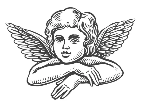 Маленький Ангел Винтажная Гравировка Симпатичный Ребенок Крыльями Черно Белая Векторная — стоковый вектор