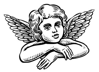Kanatları olan sevimli bir bebek melek. El çizimi Cherub kabartma stili çizimi
