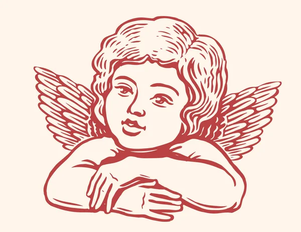 Маленький Ангел Крыльями Ручной Рисунок Херувима Стиле Гравировки Винтажная Векторная — стоковый вектор