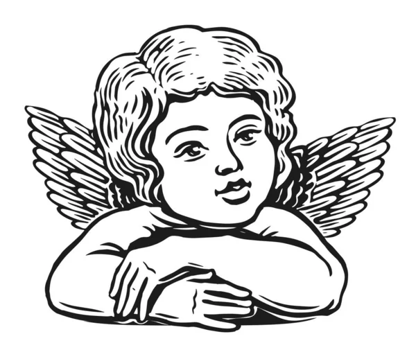 Malý Andílek Starém Stylu Rytý Černobílou Ilustrací Roztomilé Dítě Křídly — Stock fotografie