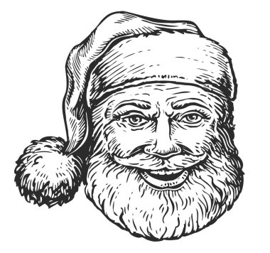 Gülümseyen neşeli Noel Baba. Noel sembolünün el çizimi portresi, resim