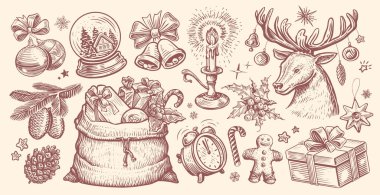 Noel konsepti, taslak. El çizimi vintage vektör illüstrasyonu