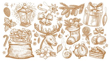 Noel konsepti. Tatil tasarımı için retro çizim tarzında el çizimi vektör çizimi