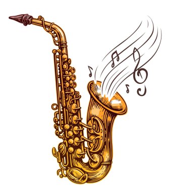 Müzik notaları eşliğinde müzik aleti saksafonu, beyaz arka planda izole edilmiş illüstrasyon