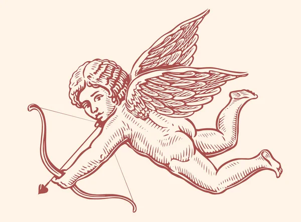 Flying Angel Symbol Love Valentine Day Cupid Shoots Arrow Bow — Stock Vector