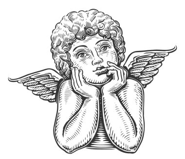 Düşünceli sevimli melek çocuk. Kanatlı şirin bir bebek. El çizimi klasik çizim