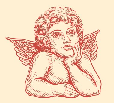 Düşünceli melek çocuk. Kanatlı şirin bir bebek. El çizimi klasik vektör çizimi