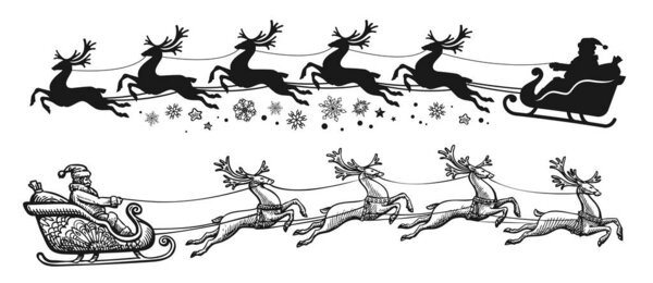 Santa Claus in sleigh full of gifts with flying reindeer. Merry Christmas and Happy New Year decoration