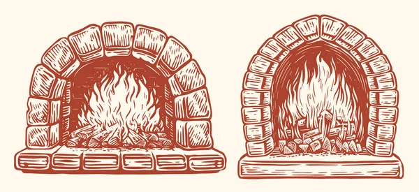 Fire Stone Oven Logs Burning Fireplace Sketch Vintage Vector Illustration — Stock Vector