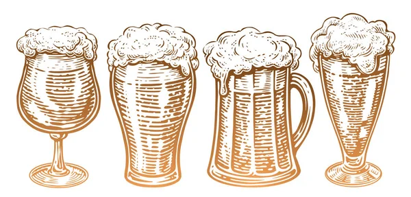Ensemble Verres Bière Tasses Dessinés Main Dans Style Vintage Illustration — Image vectorielle