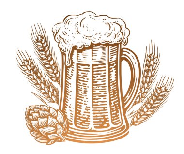 Bira bardağı, zıpır ve buğday. Pub, demleme, eskiz klasik vektör çizimi