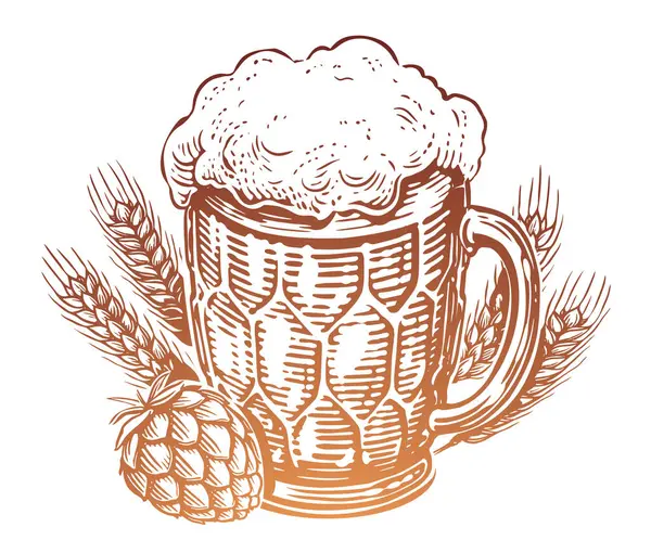 ホップおよび小麦が付いているビールの手描きのマグ スケッチヴィンテージベクターイラスト — ストックベクタ