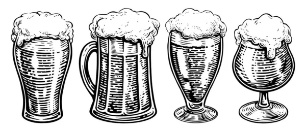 Set Beer Glasses Mugs Isolated White Background Hand Drawn Vintage — Stock Photo, Image