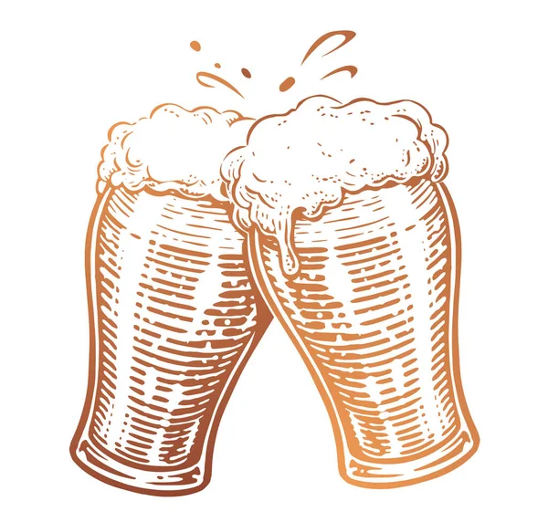 ビール2杯 アールと泡のスプラッシュでいっぱいのマグカップをクランク ベクトルイラスト — ストックベクタ