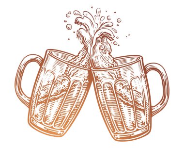 İki bardak bira bardağı, tost. Alkollü bir içecekle bardakların tokuşturulması, köpük sıçraması. Vektör illüstrasyonu