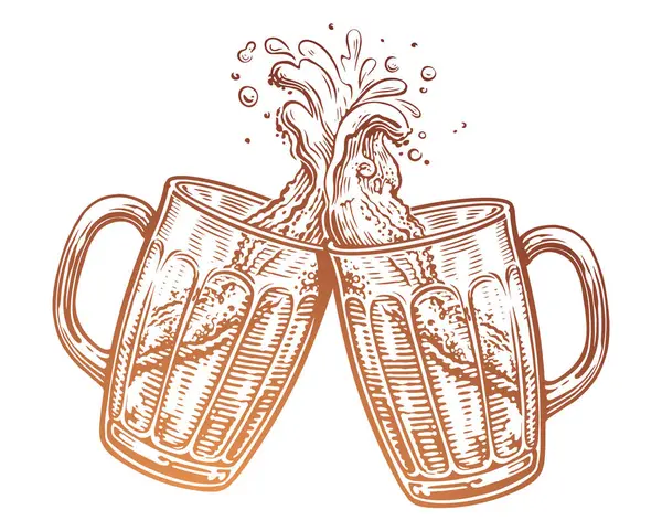 2杯のビールマグカップ トースト アルコール飲料のグラスの時計 泡のスプラッシュ ベクトルイラスト — ストックベクタ