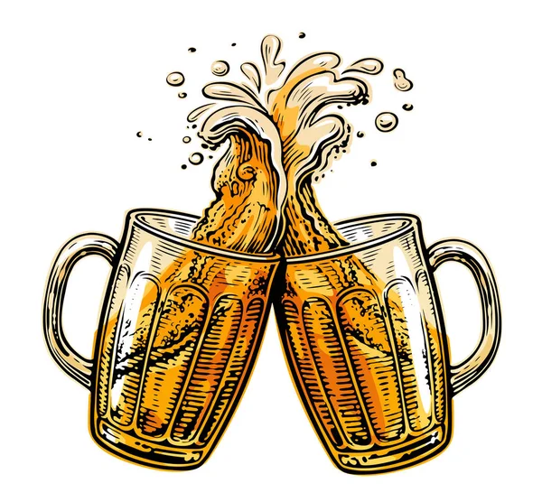 Zwei Glas Toastbecher Gläser Glasbecher Voller Bier Und Schaumspritzer Klirren — Stockvektor