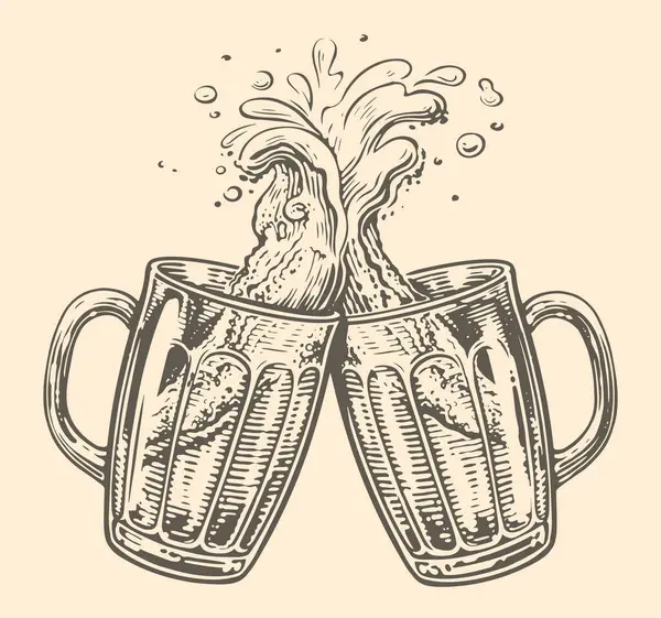Dwie Kubki Piwa Toście Odrobiną Piany Wektor Ilustracji Dla Projektu — Wektor stockowy