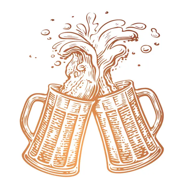 Dibujado Mano Dos Tazas Cerveza Tostada Salud Tazas Vidrio Oktoberfest — Vector de stock