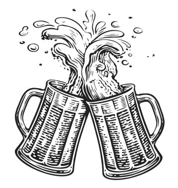 İki tost bardağı, şerefe. Oktoberfest, tıkırdayan bardaklar bira ve köpükle dolu.