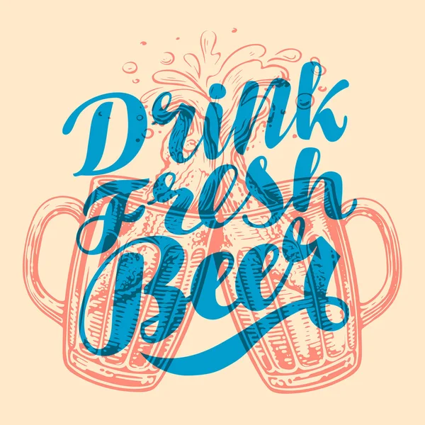 Drink Fresh Beer Vintage Vector Illustration Calligraphy Lettering Poster Party — Stock Vector