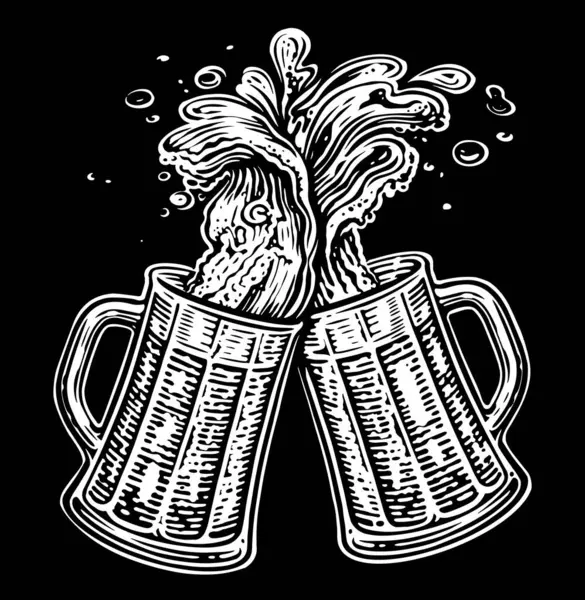 Two Toasting Mugs Brewery Pub Bar Clinking Glass Tankards Full — Stock Photo, Image