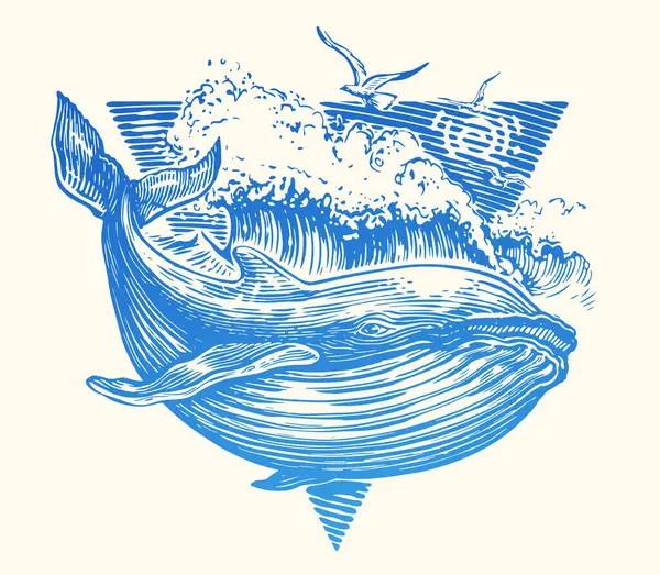 Hand Drawn Waves Whale Sea Fish Vintage Style Hand Drawn — Stock Vector