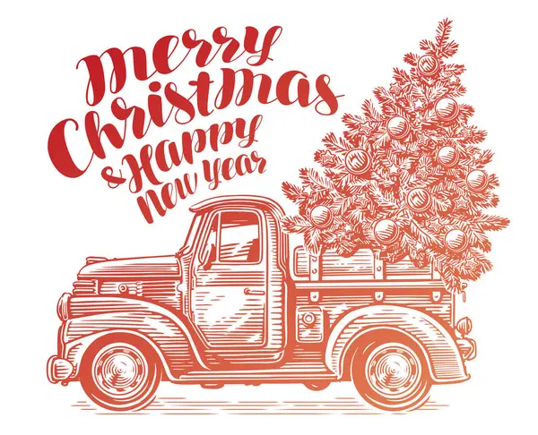 Kerstboom Retro Boerderij Truck Groet Vakantie Kaart Banner Met Felicitaties — Stockvector