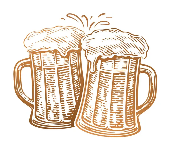 Deux Tasses Bière Grillées Des Bouteilles Verre Pleines Bière Mousse — Image vectorielle